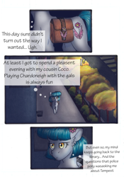Size: 3336x4776 | Tagged: safe, artist:tillie-tmb, oc, oc:meadow lark, species:earth pony, species:pony, comic:the amulet of shades, bag, comic, grimdark series, saddle bag, solo, traditional art