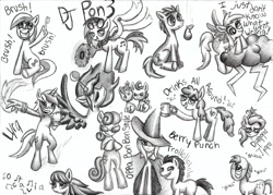 Size: 2400x1716 | Tagged: safe, artist:thecheeseburger, character:berry punch, character:berryshine, character:blues, character:bon bon, character:derpy hooves, character:diamond tiara, character:dj pon-3, character:doctor whooves, character:lyra heartstrings, character:minuette, character:noteworthy, character:octavia melody, character:pound cake, character:princess luna, character:pumpkin cake, character:sweetie drops, character:time turner, character:trixie, character:vinyl scratch, oc, species:pony, alcohol, bipedal, cider, crying, cyclops, dialogue, donny swineclop, drunk, grayscale, grin, hand, happy, lightning, monochrome, pear, raincloud, sad, smiling, sunglasses, toothbrush, traditional art