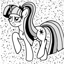 Size: 1000x1000 | Tagged: safe, artist:katya, character:twilight sparkle, character:twilight sparkle (scitwi), species:pony, black and white, comic style, element of magic, equestria girls ponified, female, grayscale, monochrome, ponified, solo