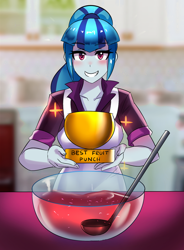 Size: 800x1089 | Tagged: safe, artist:tzc, part of a set, character:sonata dusk, my little pony:equestria girls, anime, apron, award, blushing, bowl, clothing, cute, female, fruit punch, kitchen, ladle, looking at you, ponytail, smiling, solo, sonatabetes, trophy