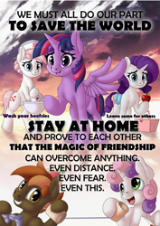 Size: 1000x1415 | Tagged: safe, artist:manifest harmony, character:button mash, character:nurse redheart, character:rarity, character:sweetie belle, character:twilight sparkle, character:twilight sparkle (alicorn), species:alicorn, species:earth pony, species:pony, species:unicorn, series:save the world, apple, buttonbetes, coronavirus, covid-19, cute, diasweetes, food, heart eyes, heart nostrils, positive ponies, public service announcement, stay at home, tin can telephone, washing hooves, wingding eyes
