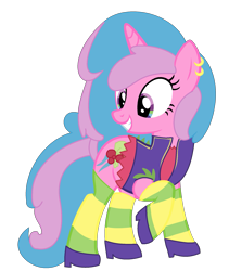 Size: 1629x1933 | Tagged: safe, artist:pegasski, artist:rukemon, base used, oc, oc only, parent:berry punch, parent:minuette, parents:berrygate, species:pony, species:unicorn, icey-verse, clothing, commission, ear piercing, earring, female, grin, hoof shoes, jacket, jewelry, leather jacket, magical lesbian spawn, mare, offspring, piercing, raised hoof, shirt, simple background, smiling, solo, t-shirt, transparent background