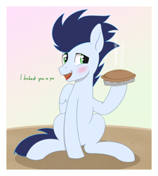 Size: 1910x2123 | Tagged: safe, artist:dyonys, character:soarin', species:pegasus, species:pony, blushing, cute, dialogue, food, male, pie, sitting, soarinbetes, stallion
