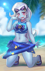 Size: 2200x3500 | Tagged: safe, artist:tzc, character:trixie, equestria girls:forgotten friendship, g4, my little pony: equestria girls, my little pony:equestria girls, adorasexy, anime, beach, belly button, blushing, clothing, cute, diatrixes, feet, female, high res, kneeling, looking at you, midriff, ocean, open mouth, sand, sandals, sarong, see-through, sexy, solo, sunglasses, swimsuit