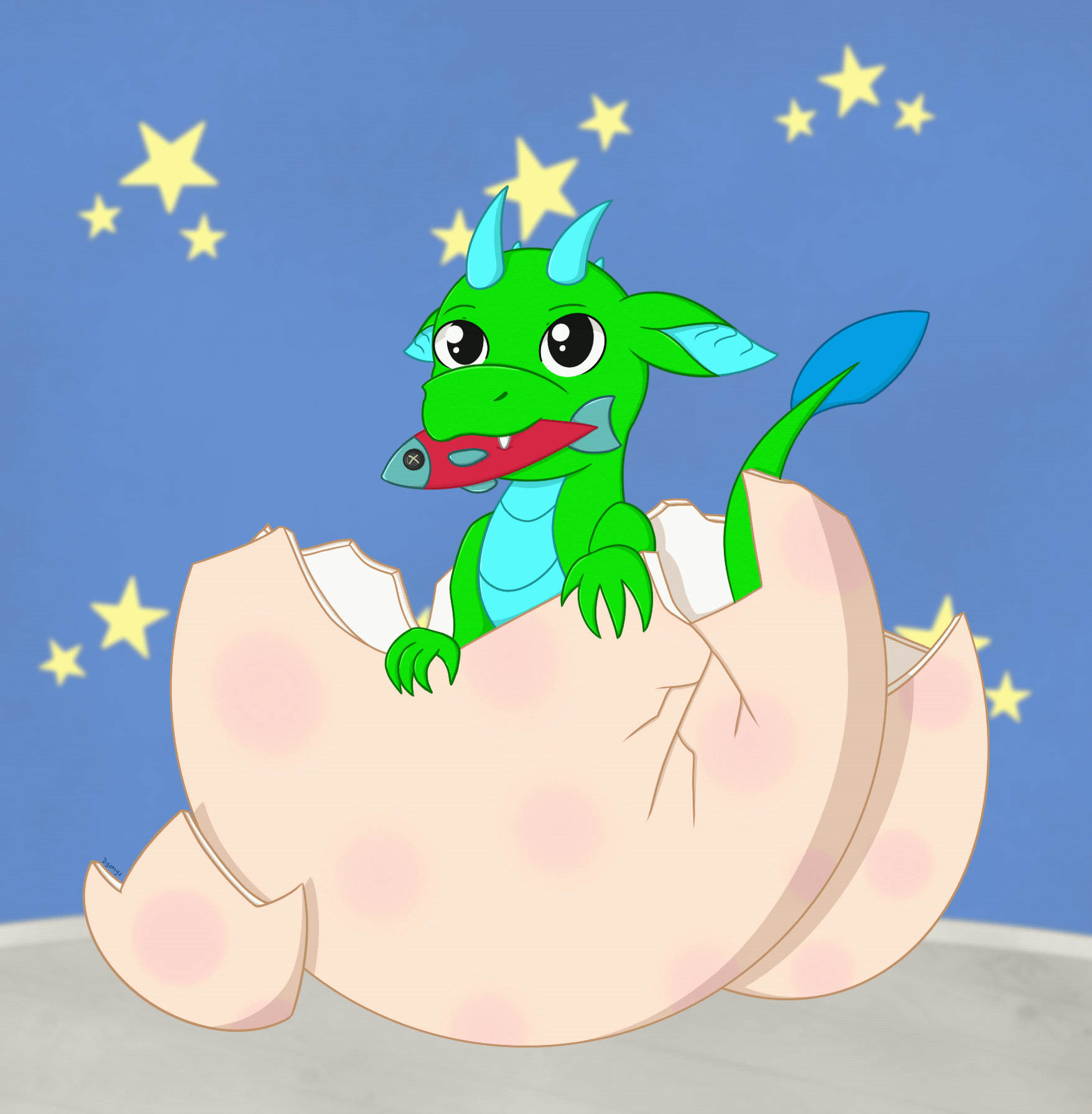 Size: 1756x1791 | Tagged: safe, artist:dyonys, oc, oc:fridis, species:dragon, animated, baby, baby dragon, cute, egg shells, fangs, fish, hatching, plushie, solo, toy