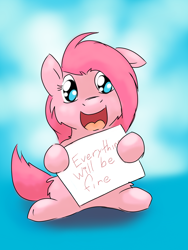Size: 1536x2048 | Tagged: safe, artist:fluffsplosion, oc, oc only, cheek fluff, floppy ears, fluffy, fluffy pony, gradient background, happy, hoof hold, leg fluff, looking at you, neck fluff, open mouth, sign, smiling, solo