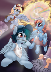 Size: 813x1150 | Tagged: safe, artist:manifest harmony, character:derpy hooves, character:windy whistles, oc, oc:delta vee, species:pegasus, species:pony, series:save the world, g4, my little pony: friendship is magic, box, cap, clothing, coronavirus, covid-19, hat, heart eyes, heart nostrils, helmet, mailmare, mouth hold, shirt, sleeveless, sleeveless shirt, sonic rainboom, weather factory, wingding eyes, wrench