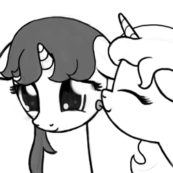 Size: 800x800 | Tagged: safe, artist:nimaru, oc, oc only, oc:crystal quarry, oc:heartsong, species:pony, species:unicorn, female, floppy ears, licking, mare, monochrome, tongue out