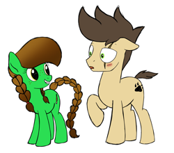Size: 2208x1945 | Tagged: safe, artist:dyonys, oc, oc:lucky brush, oc:night chaser, species:earth pony, species:pony, blushing, braid, braided tail, duo, eye scar, female, freckles, grin, luckychaser, male, mare, paw prints, raised hoof, scar, simple background, sketch, smiling, stallion, white background