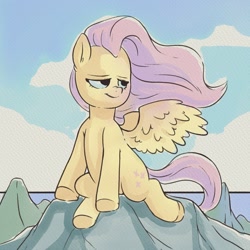 Size: 1500x1500 | Tagged: safe, artist:raph13th, character:fluttershy, species:pegasus, species:pony, female, lidded eyes, mare, ocean, posing for photo, rock, smiling, spread wings, windswept mane, wings