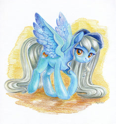Size: 1500x1597 | Tagged: safe, artist:maytee, oc, oc only, oc:ice, species:pegasus, species:pony, clothing, colored pencil drawing, female, hat, looking at you, mare, solo, traditional art