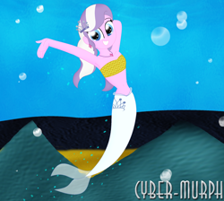 Size: 2080x1860 | Tagged: safe, artist:cyber-murph, character:diamond tiara, my little pony:equestria girls, arm behind head, armpits, belly, belly button, cute, ear piercing, flowing hair, jewelry, mermaid, mermaidized, midriff, necklace, piercing, rock, signature, species swap, swimming, tube top, underwater