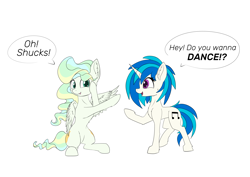 Size: 6614x4677 | Tagged: safe, artist:cafecomponeis, derpibooru original, character:dj pon-3, character:vapor trail, character:vinyl scratch, species:pegasus, species:pony, species:unicorn, g4, cute, dialogue, shipping, shipping fuel, simple background, white background