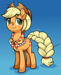 Size: 2180x2672 | Tagged: safe, artist:moonseeker, character:applejack, species:earth pony, species:pony, episode:the last problem, g4, my little pony: friendship is magic, applejack's hat, blushing, clothing, cowboy hat, cute, female, granny smith's scarf, hat, mare, older, older applejack, solo