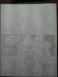 Size: 1944x2592 | Tagged: safe, artist:princebluemoon3, commissioner:bigonionbean, writer:bigonionbean, oc, oc:king speedy hooves, oc:queen galaxia, oc:tommy the human, species:alicorn, species:human, species:pony, comic:the chaos within us, alicorn oc, alicorn princess, barrier, black and white, canterlot, canterlot castle, captive, chained, chaos, clothing, comic, confused, crater, dialogue, drawing, dream, father and child, father and son, female, fusion, fusion:king speedy hooves, fusion:queen galaxia, grayscale, grimdark series, grotesque series, herd, human oc, husband and wife, magic, male, monochrome, mother and child, mother and son, night, nightmare, prisoner, royal family, rubble, separation, shocked, shocked expression, throne room, traditional art