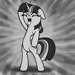 Size: 800x800 | Tagged: safe, artist:nimaru, character:twilight sparkle, character:twilight sparkle (alicorn), species:alicorn, species:pony, bipedal, female, floppy ears, monochrome, solo, tongue out