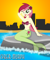 Size: 1564x1868 | Tagged: safe, artist:cyber-murph, character:roseluck, my little pony:equestria girls, arm behind head, belly, belly button, breasts, city, cleavage, cute, flower, flower in hair, mermaid, mermaidized, midriff, ocean, one eye closed, rock, rose, seashell bra, sitting, smiling, species swap, sunset, wink