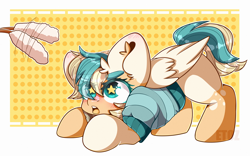 Size: 3200x2000 | Tagged: safe, artist:etoz, oc, oc only, oc:sun light, species:pegasus, species:pony, bandana, behaving like a cat, blushing, clothing, commission, cute, female, happy, ocbetes, open mouth, pegasus oc, pet play, pony pet, solo, starry eyes, sweater, wingding eyes, wings, ych result