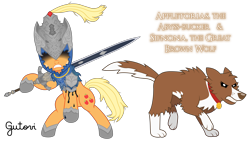 Size: 5692x3200 | Tagged: safe, artist:gutovi, character:applejack, character:winona, species:wolf, armor, armored pony, artorias, artorias the abysswalker, bipedal, cloak, clothing, crossover, dark souls, great grey wolf sif, helmet, simple background, sword, transparent background, weapon