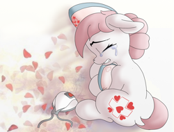 Size: 1100x836 | Tagged: safe, artist:manifest harmony, character:nurse redheart, species:earth pony, species:pony, series:save the world, coronavirus, covid-19, crying, dock, face mask, feels, female, n95, ppe, sad, sadness, solo