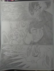 Size: 1944x2592 | Tagged: safe, artist:princebluemoon3, commissioner:bigonionbean, writer:bigonionbean, oc, oc:king speedy hooves, oc:queen galaxia, oc:tommy the human, species:alicorn, species:human, species:pony, comic:the chaos within us, alicorn oc, alicorn princess, barrier, black and white, canterlot, canterlot castle, captive, chained, chaos, clothing, comic, confused, crater, crying, dialogue, drawing, dream, female, fusion, fusion:king speedy hooves, fusion:queen galaxia, grayscale, grimdark series, grotesque series, herd, human oc, husband and wife, magic, male, monochrome, mother and child, mother and son, night, nightmare, prisoner, rubble, sad, separation, shocked, shocked expression, tears of pain, teary eyes, throne room, traditional art