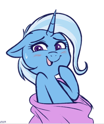Size: 468x556 | Tagged: safe, artist:higgly-chan, edit, character:trixie, species:pony, species:unicorn, blanket, blushing, cropped, cute, diatrixes, female, mare, open mouth, simple background, solo, sweat, sweatdrop, white background