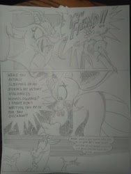 Size: 1944x2592 | Tagged: safe, artist:princebluemoon3, commissioner:bigonionbean, writer:bigonionbean, character:cosmos, character:discord, oc, species:draconequus, comic:the chaos within us, argument, black and white, bored, canterlot, canterlot castle, captive, chaos, comic, confused, dialogue, drawing, dream, female, furious, giantess, grayscale, grimdark series, grotesque series, macro, magic, monochrome, night, nightmare, shocked, shocked expression, squeezing, throne room, traditional art, twitch, unamused, yelling