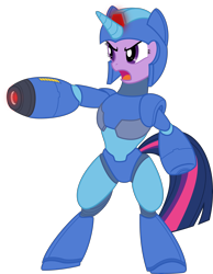 Size: 4660x6000 | Tagged: safe, artist:pink1ejack, character:twilight sparkle, absurd resolution, angry, armor, bipedal, capcom, clothing, costume, crossover, helmet, megaman, megaman (character), megaman x, megamare, open mouth, simple background, transparent background, vector