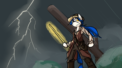 Size: 3840x2160 | Tagged: safe, artist:spheedc, oc, oc only, oc:light chaser, species:earth pony, species:pony, bipedal, clothing, digital art, female, glow, hat, lightning, mare, rain, semi-anthro, solo, water, weapon
