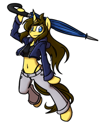 Size: 1839x2160 | Tagged: safe, artist:spheedc, oc, oc only, oc:dream chaser, species:pony, species:unicorn, belly button, bipedal, clothing, digital art, female, mare, midriff, panties, rule 63, semi-anthro, short shirt, simple background, solo, thong, transparent background, umbrella, underwear