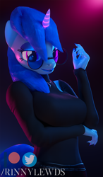 Size: 1123x1920 | Tagged: safe, artist:rinny, oc, oc only, oc:lovebrew, species:anthro, species:pony, species:unicorn, 3d, blender, clothing, eyeshadow, female, glasses, glowing horn, horn, lipstick, long nails, looking at you, makeup, nail polish, smiling, solo, sweater, trans female, transgender, turtleneck, unicorn oc