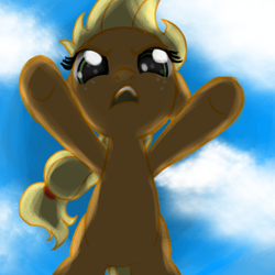 Size: 800x800 | Tagged: safe, artist:nimaru, character:applejack, species:earth pony, species:pony, female, filly, filly applejack, low angle, solo, younger