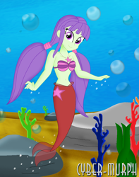 Size: 1632x2071 | Tagged: safe, artist:cyber-murph, character:starlight, my little pony:equestria girls, background human, belly, belly button, coral, cute, cutie mark necklace, jewelry, mermaid, mermaidized, midriff, necklace, pigtails, rock, seashell bra, seaweed, species swap, starlight, twintails, underwater