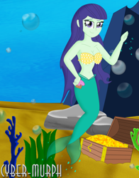 Size: 1616x2060 | Tagged: safe, artist:cyber-murph, character:blueberry cake, my little pony:equestria girls, background human, belly, belly button, blueberry cake, breasts, busty blueberry cake, cleavage, coral, cute, hand on hip, lidded eyes, mermaid, mermaidized, midriff, rock, seashell bra, seaweed, species swap, underwater