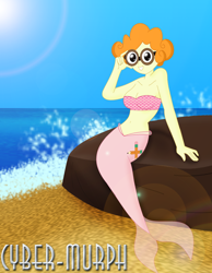 Size: 1984x2552 | Tagged: safe, artist:cyber-murph, character:scribble dee, g4, my little pony:equestria girls, background human, belly, belly button, cute, glasses, mermaid, mermaidized, midriff, nerd, rock, scales, scribblebetes, sitting, species swap, tube top