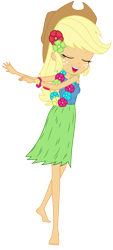 Size: 3000x6612 | Tagged: safe, artist:discorded, edit, character:applejack, episode:shake your tail, g4, my little pony: equestria girls, my little pony:equestria girls, barefoot, clothing, feet, female, flower, grass skirt, hawaiian, hawaiian flower in hair, hula, hulajack, humanized, lei, simple background, skirt, solo, transparent background, vector