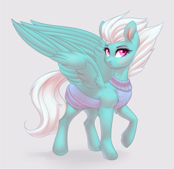 Size: 2137x2080 | Tagged: safe, artist:nightskrill, character:fleetfoot, species:pegasus, species:pony, backless, clothing, cute, diafleetes, ear fluff, female, gray background, high res, leg fluff, looking at you, mare, open-back sweater, raised hoof, simple background, sleeveless sweater, solo, spread wings, stupid sexy fleetfoot, sweater, tsp bait, virgin killer sweater, wings