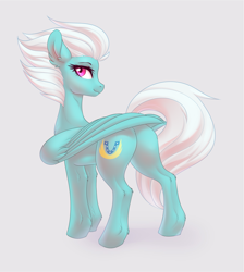 Size: 1957x2181 | Tagged: safe, artist:nightskrill, character:fleetfoot, species:pegasus, species:pony, butt, ear fluff, female, folded wings, gray background, leg fluff, looking at you, looking back, looking back at you, mare, plot, rear view, simple background, solo, stupid sexy fleetfoot, wings