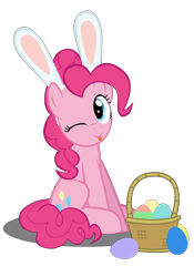 Size: 4134x5906 | Tagged: safe, artist:mrkat7214, character:pinkie pie, species:earth pony, species:pony, absurd resolution, basket, bleb, blep, bunny ears, cute, diapinkes, easter, easter egg, female, holiday, looking at you, mare, mlem, one eye closed, silly, simple background, sitting, solo, tongue out, transparent background, vector, wink, winking at you