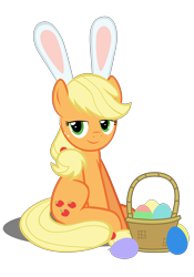 Size: 4134x5906 | Tagged: safe, artist:mrkat7214, character:applejack, species:earth pony, species:pony, species:rabbit, absurd resolution, animal, basket, bunny ears, cute, easter, easter egg, egg, female, food, hatless, holiday, jackabetes, lidded eyes, looking at you, mare, missing accessory, simple background, sitting, solo, transparent background, vector