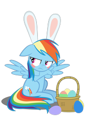 Size: 4134x5906 | Tagged: safe, artist:mrkat7214, character:rainbow dash, species:pegasus, species:pony, absurd resolution, basket, blushing, bunny ears, crossed arms, cute, dashabetes, easter, easter egg, female, floppy ears, holiday, rainbow dash is not amused, simple background, sitting, solo, spread wings, transparent background, tsunderainbow, tsundere, unamused, vector, wings