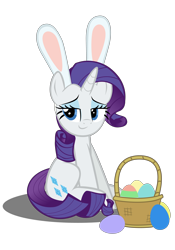 Size: 4134x5906 | Tagged: safe, artist:mrkat7214, character:rarity, species:pony, species:unicorn, absurd resolution, basket, bedroom eyes, bunny ears, cute, easter, easter egg, female, holiday, looking at you, mare, raribetes, rarity being rarity, simple background, sitting, smiling, smirk, solo, transparent background, vector