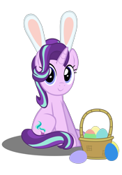 Size: 4134x5906 | Tagged: safe, artist:mrkat7214, character:starlight glimmer, species:pony, species:unicorn, absurd resolution, basket, bunny ears, cute, easter, easter egg, egg, female, glimmerbetes, holiday, simple background, sitting, solo, transparent background, vector