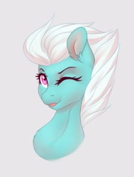 Size: 1158x1533 | Tagged: safe, artist:nightskrill, character:fleetfoot, species:pegasus, species:pony, blep, bust, chest fluff, cute, diafleetes, ear fluff, female, gray background, mare, one eye closed, portrait, simple background, solo, tongue out, wink