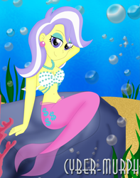 Size: 2491x3156 | Tagged: safe, artist:cyber-murph, character:upper crust, my little pony:equestria girls, bedroom eyes, belly, belly button, coral, ear piercing, earring, eyeshadow, jewelry, makeup, mermaid, mermaidized, midriff, pearl, piercing, rock, seashell bra, seaweed, signature, species swap, underwater