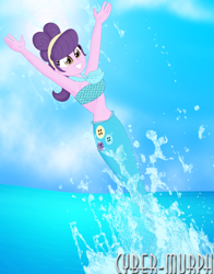 Size: 2616x3336 | Tagged: safe, artist:cyber-murph, character:suri polomare, my little pony:equestria girls, armpits, arms in the air, bandeau, belly, belly button, breach, cute, female, hairband, mermaid, mermaidized, midriff, neckerchief, ponytail, signature, species swap, splash, splashing