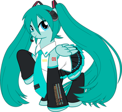 Size: 6498x6000 | Tagged: safe, artist:pink1ejack, species:pegasus, species:pony, absurd resolution, clothing, crossover, female, hatsune miku, headphones, headset, hooves up, japanese, mare, miniskirt, necktie, pigtails, pleated skirt, ponified, simple background, skirt, smiling, solo, species swap, transparent background, twintails, vector, vector trace, vocaloid