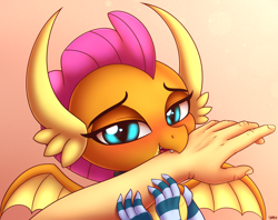 Size: 2900x2300 | Tagged: safe, artist:heavymetalbronyyeah, character:smolder, species:dragon, species:human, affection, bedroom eyes, biting, blue eyes, blushing, claws, clothing, collar, cute, dragoness, female, gloves, hand, heart eyes, horns, looking at you, love bite, nom, offscreen character, offscreen human, pov, smolderbetes, spread wings, teenaged dragon, teenager, wingding eyes, wings