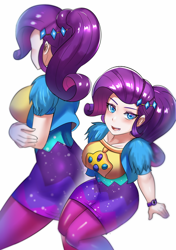 Size: 800x1134 | Tagged: safe, artist:tzc, character:rarity, equestria girls:sunset's backstage pass, g4, my little pony: equestria girls, my little pony:equestria girls, spoiler:eqg series (season 2), anime, ass, beautiful, bolero jacket, breasts, busty rarity, butt, cleavage, clothing, coat, cute, dress, fur, fur coat, geode of shielding, jacket, jewelry, leggings, magical geodes, raribetes, rearity, short sleeves, tight clothing