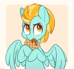 Size: 1600x1500 | Tagged: safe, artist:higgly-chan, character:lightning dust, species:pegasus, species:pony, cute, dustabetes, eating, female, food, mare, nom, solo, spread wings, syrup, waffle, wings